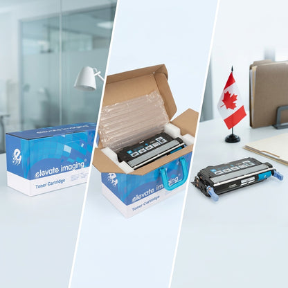 Elevate Imaging cyan toner unboxing process showing secure protective air-cushioned packaging.