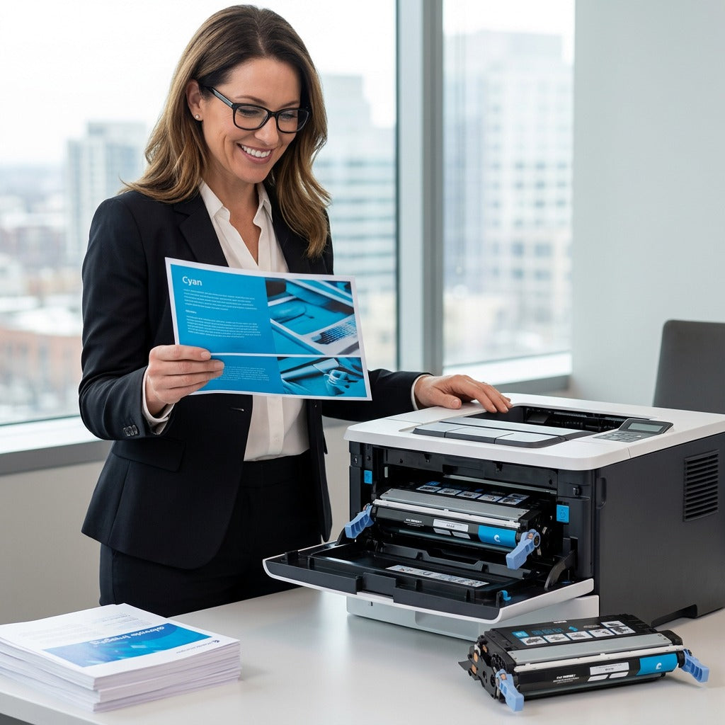 A professional reviews cyan marketing reports by a laser printer with an HP 644A toner cartridge.