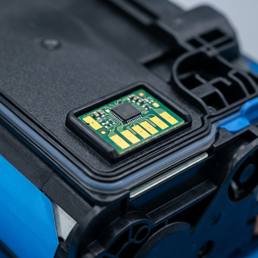 Macro detail of the gold-plated smart chip on an Elevate Imaging HP 644A Cyan toner cartridge.