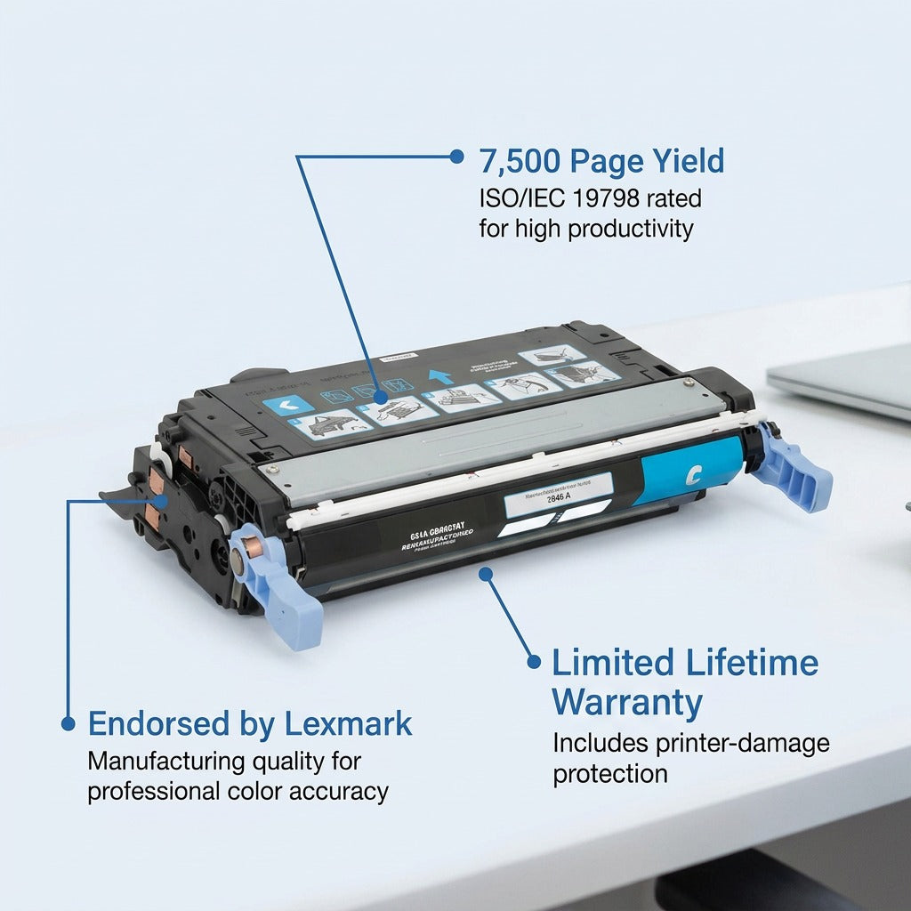 Elevate Imaging cyan toner cartridge highlighting its 7,500 page yield and lifetime warranty.