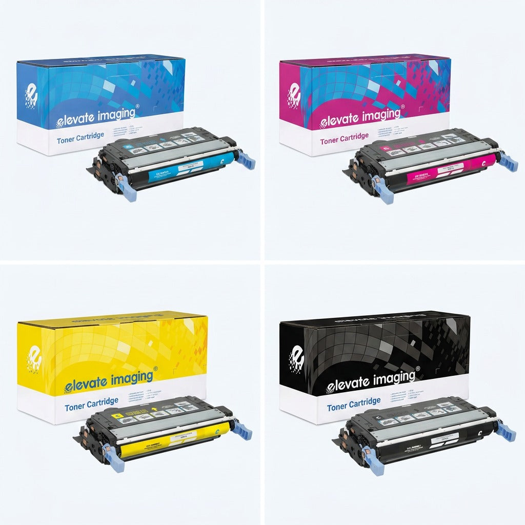 A 2x2 grid showing Elevate Imaging HP 644A remanufactured toner cartridges in cyan, magenta, yellow, and black.