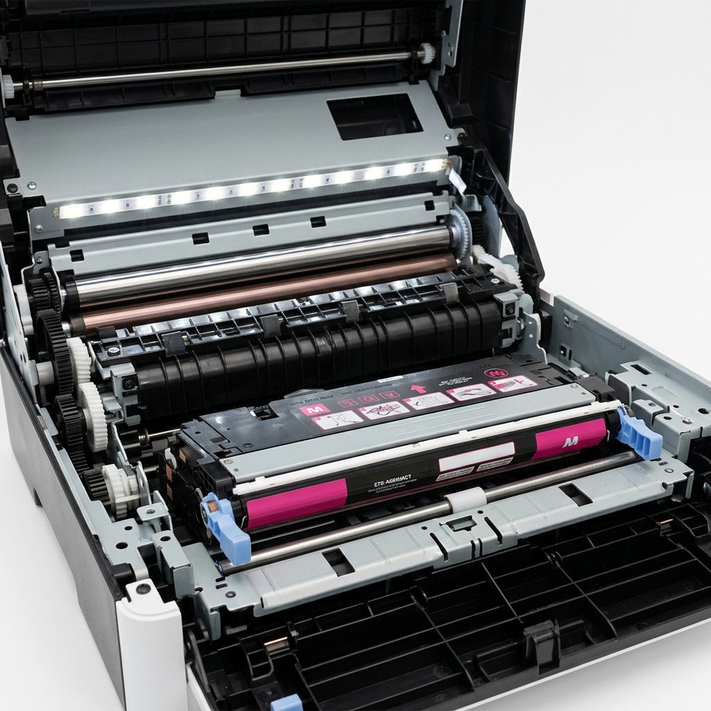 Elevate Imaging magenta remanufactured toner cartridge installed inside a laser printer.