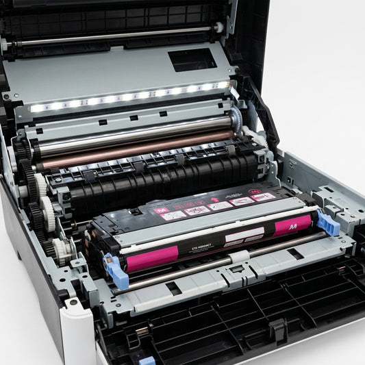 Elevate Imaging magenta remanufactured toner cartridge installed inside a laser printer.