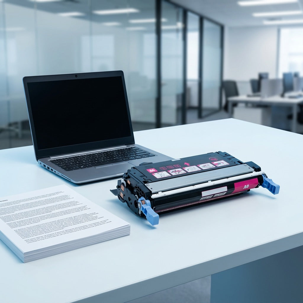 Magenta HP CB403A toner cartridge on an office desk next to a laptop and papers for size reference.