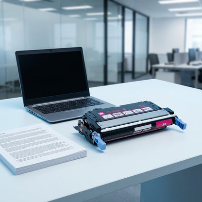 Magenta HP CB403A toner cartridge on an office desk next to a laptop and papers for size reference.