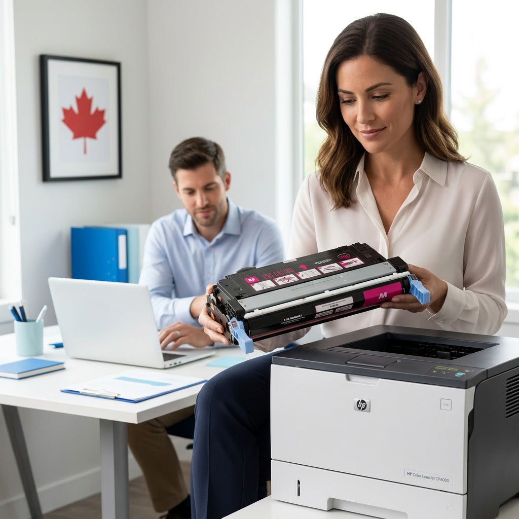 A professional holding a magenta HP CB403A remanufactured toner near a LaserJet CP4005 printer.