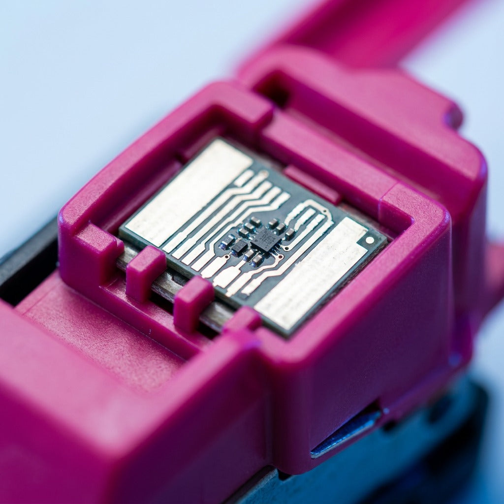 Macro detail of the electrical contact chip on a magenta HP CB403A remanufactured toner cartridge.
