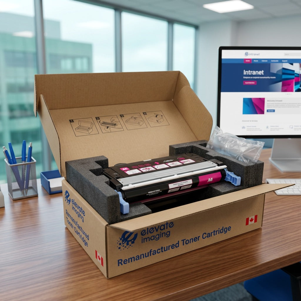 Elevate Imaging magenta toner cartridge being unboxed on a desk, secured in protective foam inserts.