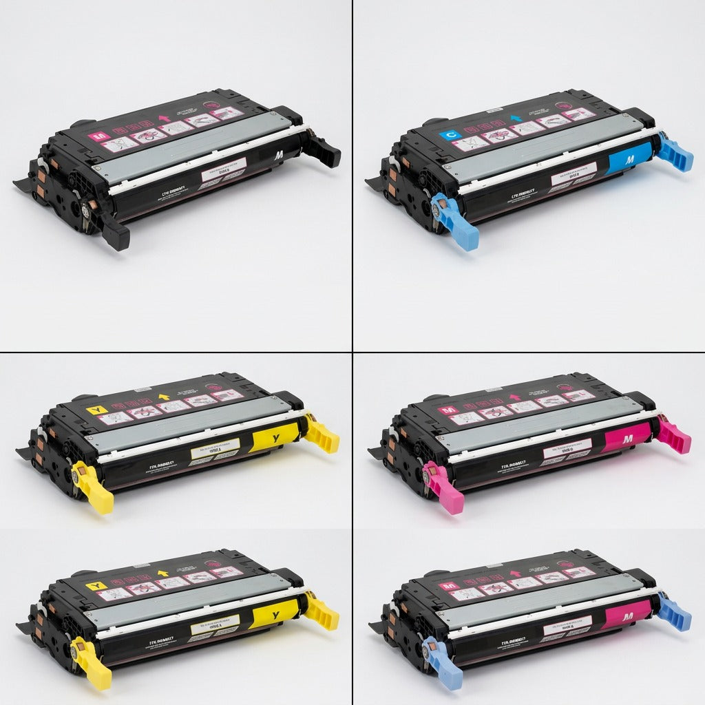 A 2x2 grid featuring Elevate Imaging HP 642A remanufactured toner cartridges in black, cyan, yellow, and magenta.