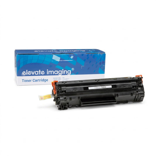 Elevate Imaging black toner cartridge in front of its blue and white retail box on a white background.
