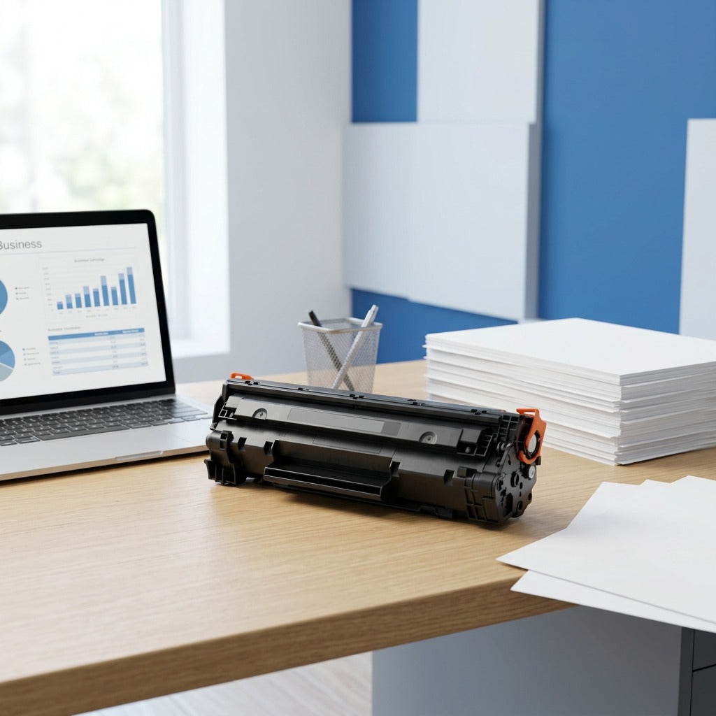 Black Elevate Imaging laser toner cartridge on an office desk next to a laptop and A4 paper.