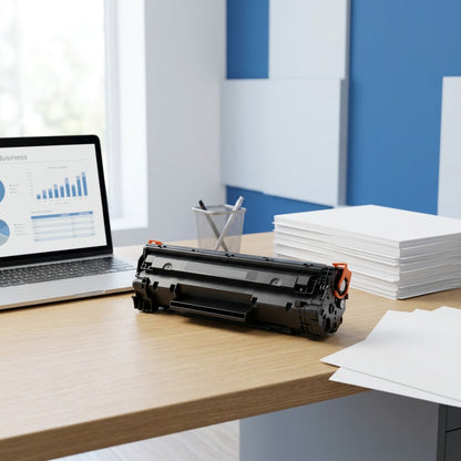 Black Elevate Imaging laser toner cartridge on an office desk next to a laptop and A4 paper.