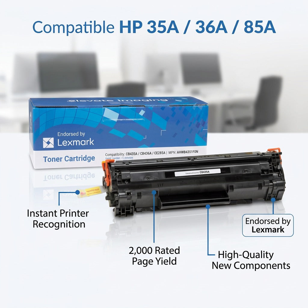 Compatible HP 35A/36A/85A black toner cartridge and box featuring a 2,000-page rated yield.