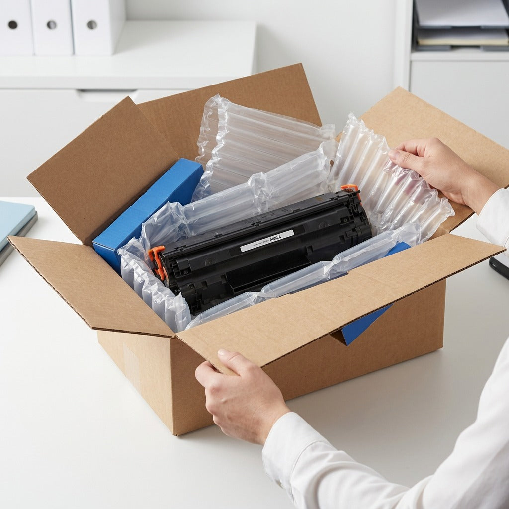 Person unboxing an Elevate Imaging compatible HP toner cartridge secured by air-cushion packaging.