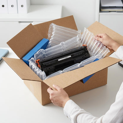 Person unboxing an Elevate Imaging compatible HP toner cartridge secured by air-cushion packaging.