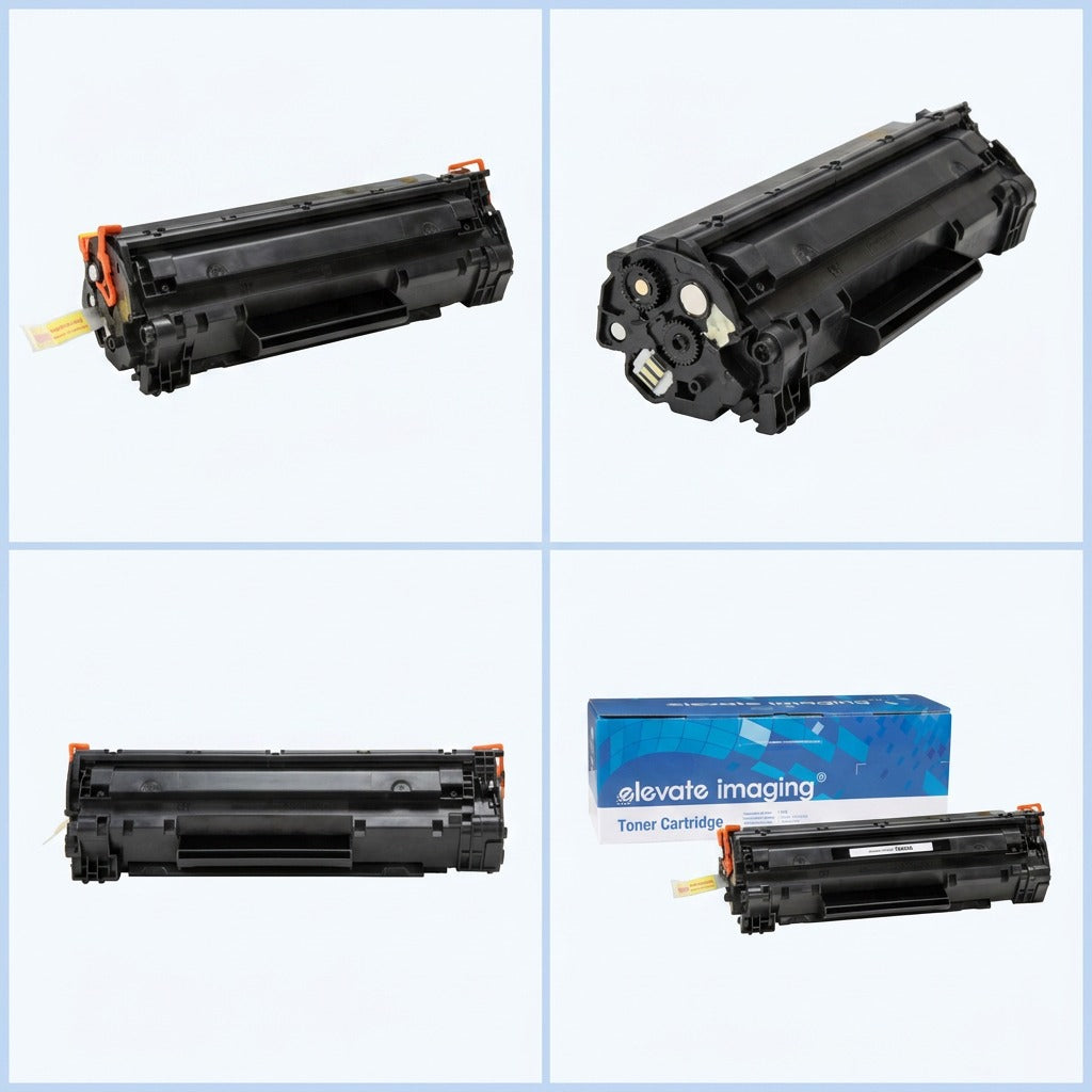 Four-panel view of Elevate Imaging HP 35A/36A/85A compatible black toner cartridge and retail box.