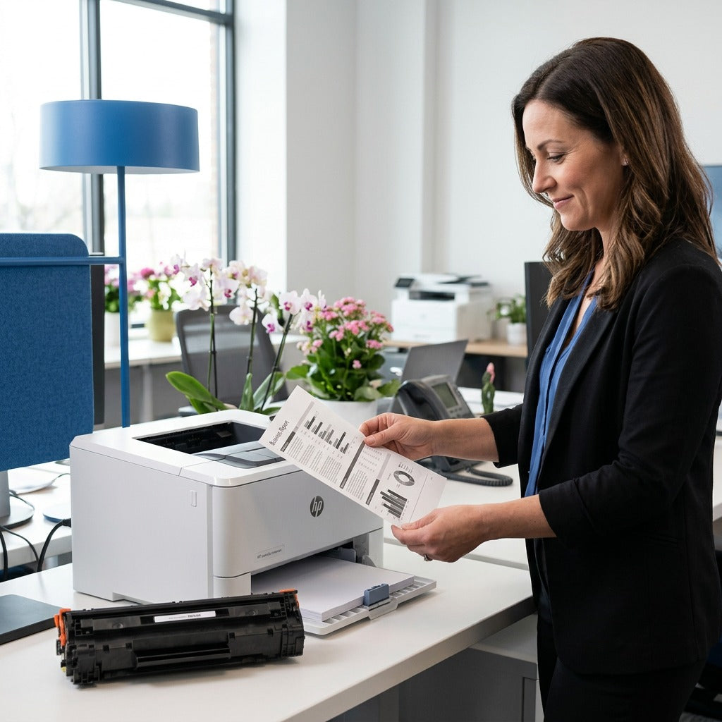 Woman in an office holding a crisp printed chart next to a printer and an Elevate Imaging toner.
