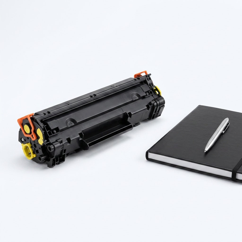 HP 125A CB542A yellow toner cartridge shown for scale next to a black notebook and silver pen.
