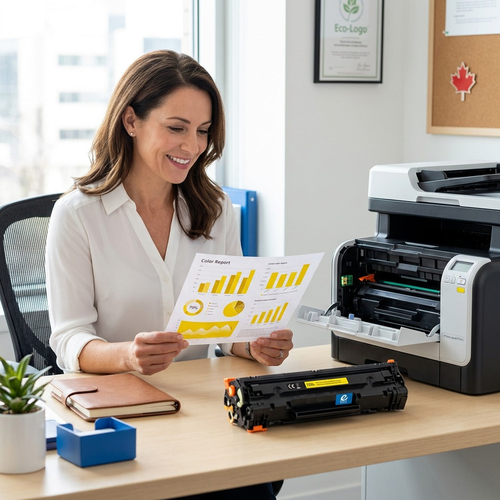 Professional reviewing yellow bar charts next to an HP 125A Yellow Toner Cartridge and printer.