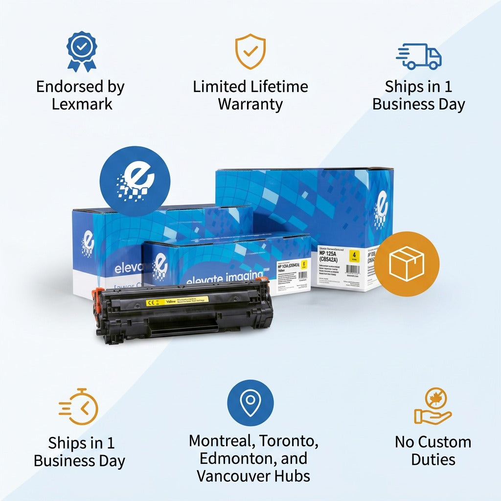 Elevate Imaging HP 125A Yellow Toner Cartridge with boxes and Canadian shipping trust icons.