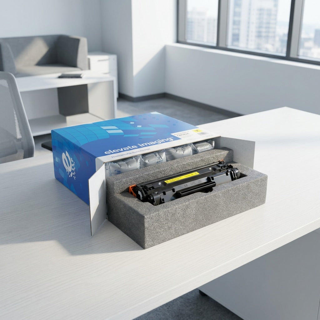 Yellow toner cartridge HP 125A CB542A by Elevate Imaging in open retail box with foam packaging.