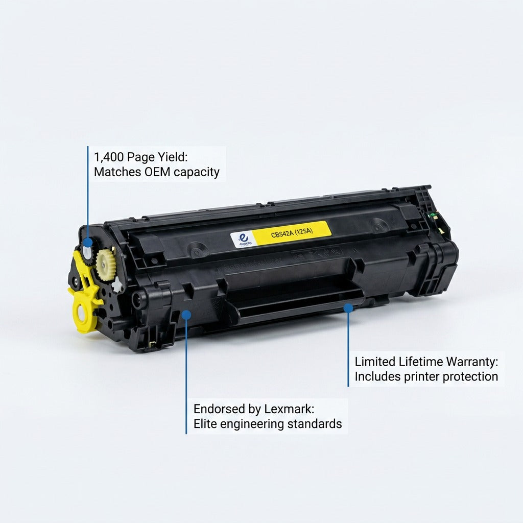 HP 125A Yellow Toner Cartridge highlighting 1,400 page yield and Lexmark endorsement.