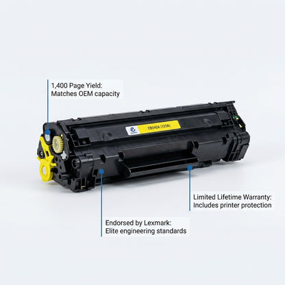 HP 125A Yellow Toner Cartridge highlighting 1,400 page yield and Lexmark endorsement.
