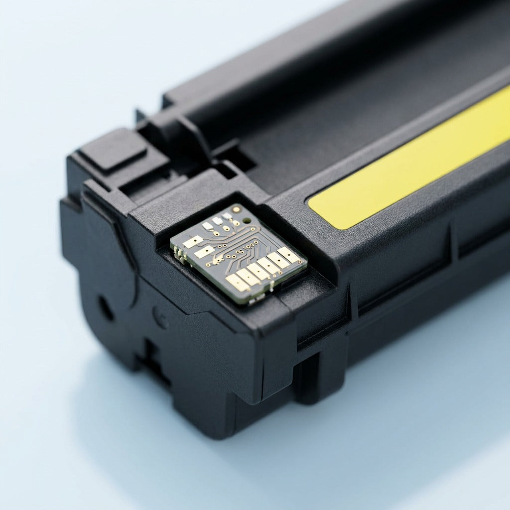 Macro detail of the electrical contact chip on an Elevate Imaging HP 125A Yellow Toner Cartridge.