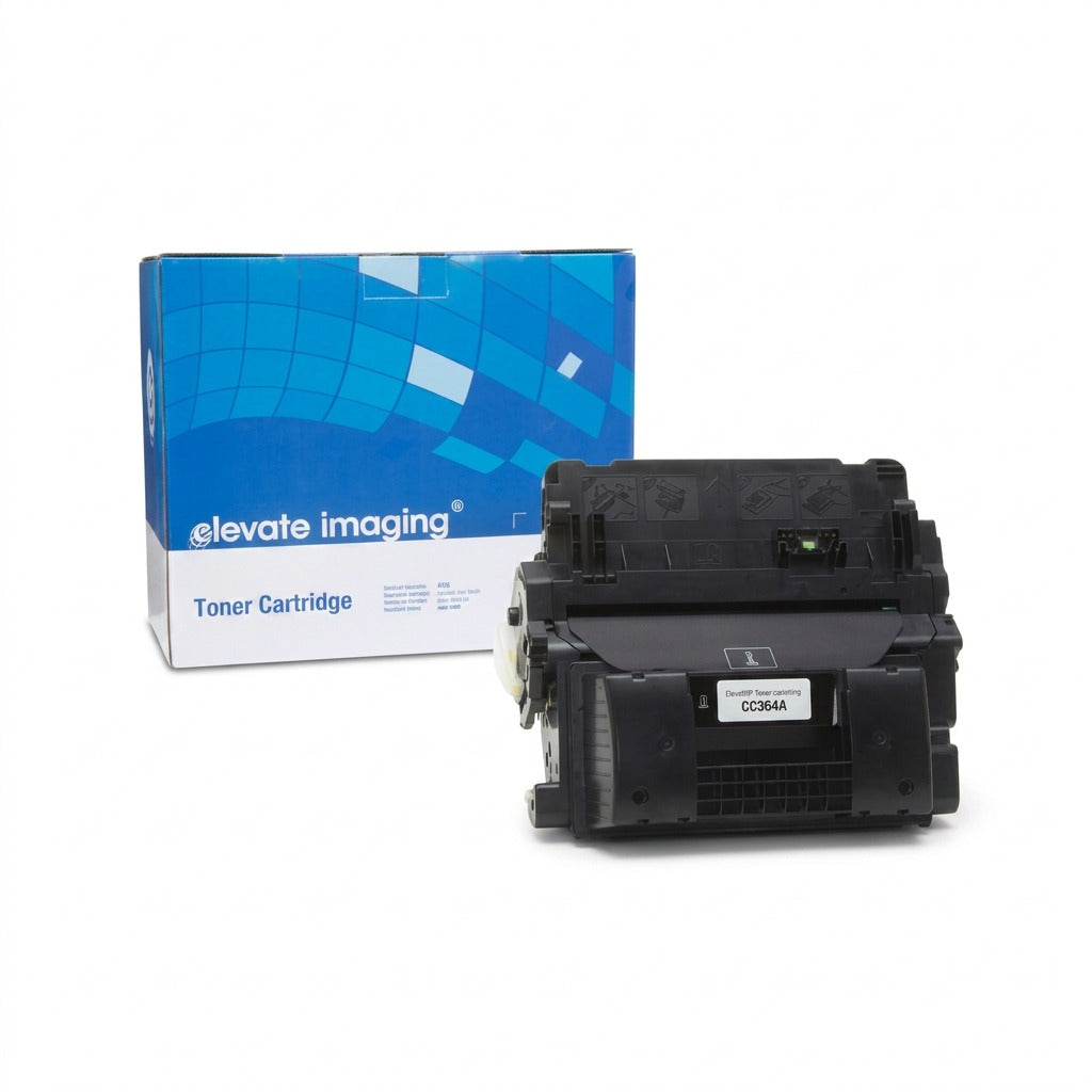 Elevate Imaging compatible CC364A black toner cartridge and retail box on a white background.
