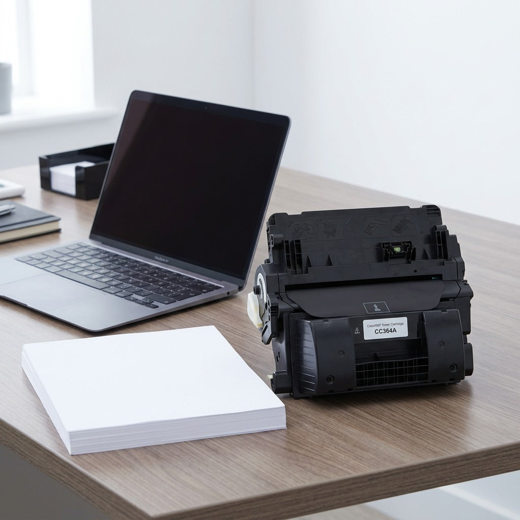 Elevate Imaging Compatible HP CC364A Toner Cartridge on a desk next to a laptop for scale.