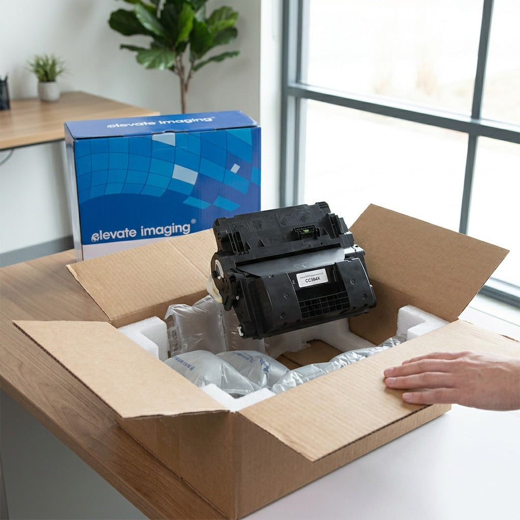 An Elevate Imaging CC364A black toner cartridge unboxed with protective air pillows and foam.