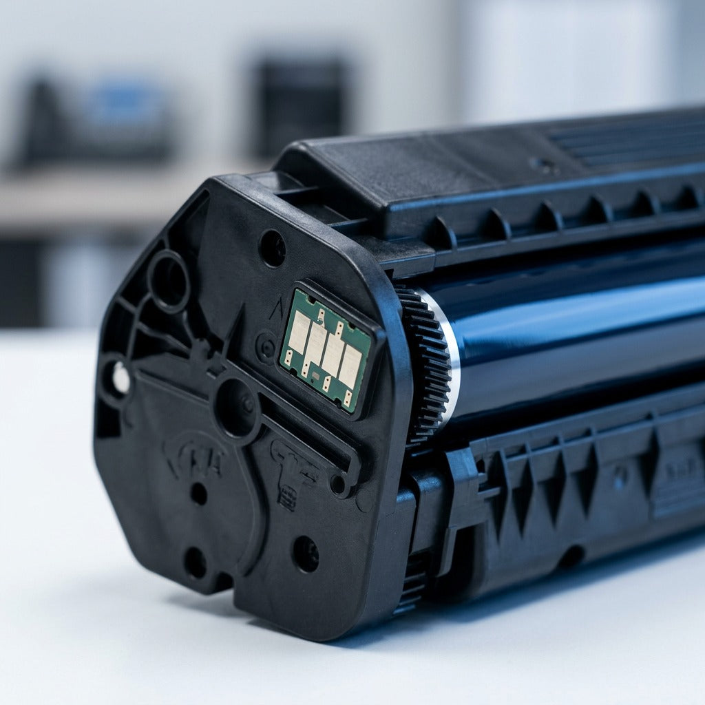Macro view of the electronic smart chip and glossy roller on a black HP 64A toner cartridge.