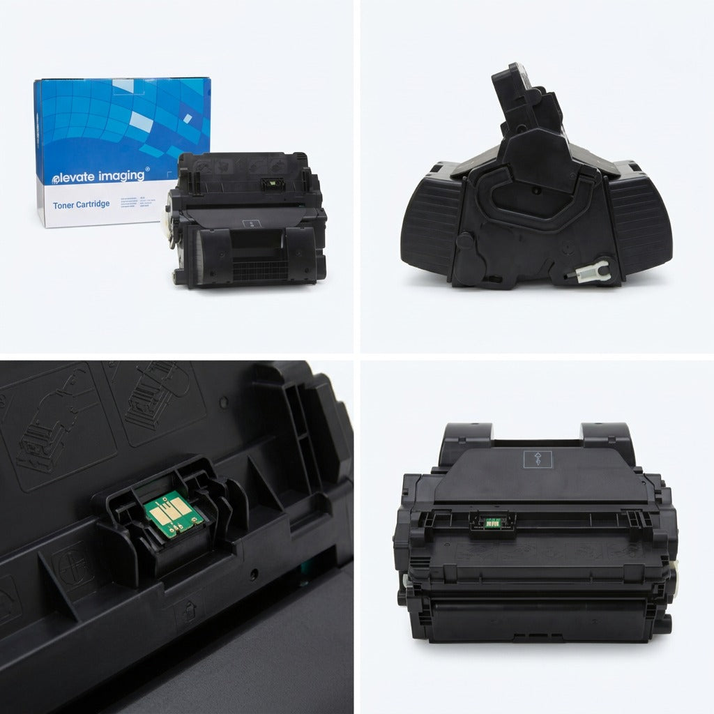 Four-view matrix of an Elevate Imaging black toner cartridge showing the box, chip, and housing.