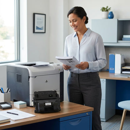 Office manager holds documents next to an HP 64A black toner cartridge and a LaserJet printer.