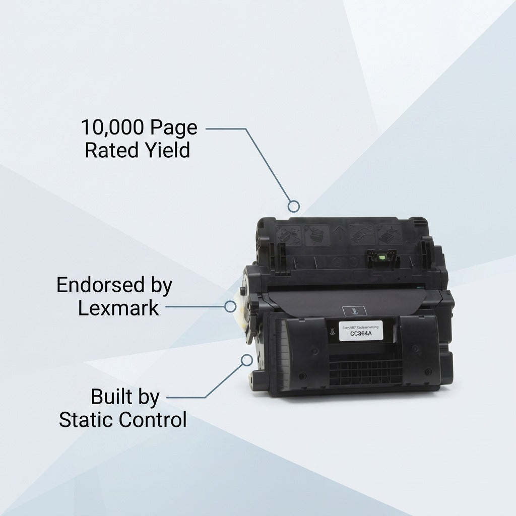 Elevate Imaging HP 64A CC364A black toner with 10,000 page yield and Lexmark endorsement.