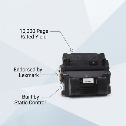 Elevate Imaging HP 64A CC364A black toner with 10,000 page yield and Lexmark endorsement.