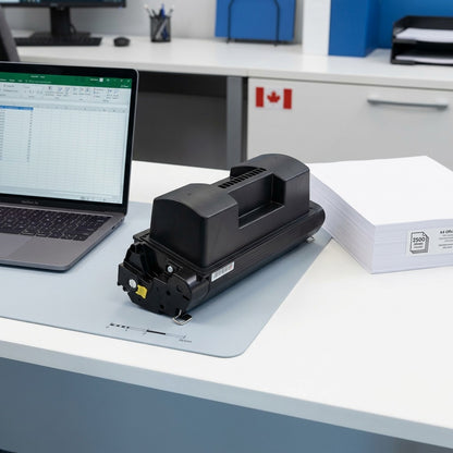 Elevate Imaging HP 64X toner cartridge on a desk next to a laptop and a stack of A4 paper for scale.
