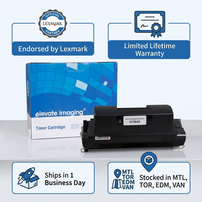Elevate Imaging HP 64X CC364X toner cartridge infographic with Lexmark endorsement and warranty.