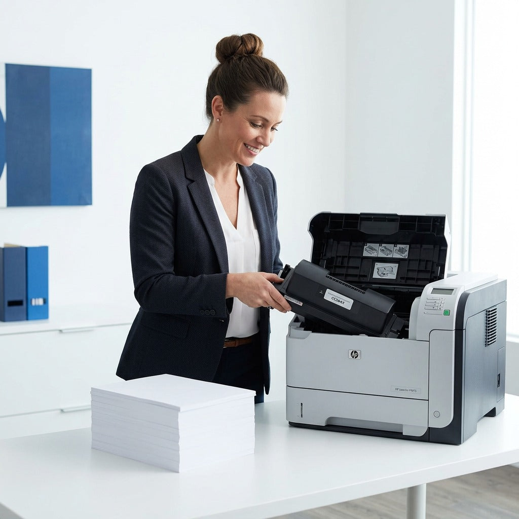 A professional in a modern office installs an Elevate Imaging HP 64X toner into a LaserJet printer.