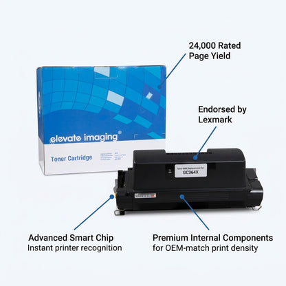 Elevate Imaging HP 64X toner cartridge with callouts for 24,000 page yield and smart chip feature.
