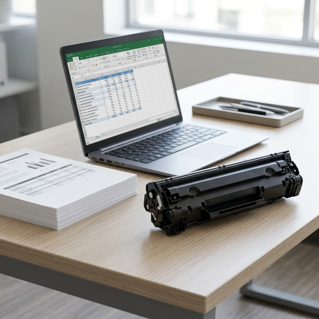 An HP 304A (CC530A) remanufactured black toner cartridge on a desk next to a laptop for scale.