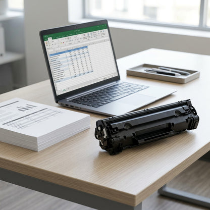 An HP 304A (CC530A) remanufactured black toner cartridge on a desk next to a laptop for scale.