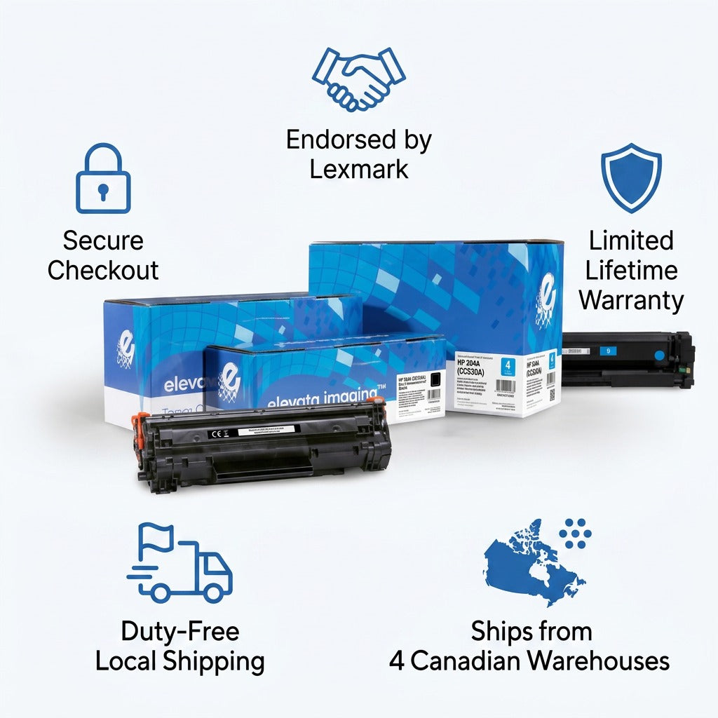 Elevate Imaging HP 304A Black Toner infographic showing Lexmark endorsement and Canadian shipping.