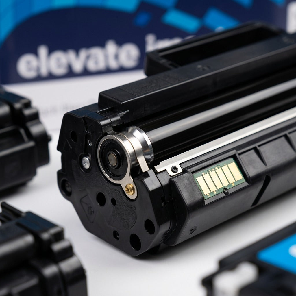 Macro detail of an Elevate Imaging HP 304A black toner cartridge showing the roller and chip.