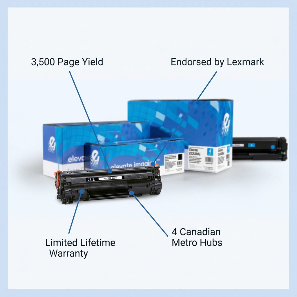 Elevate Imaging HP 304A cartridge featuring 3,500 page yield, Lexmark endorsement, and warranty.