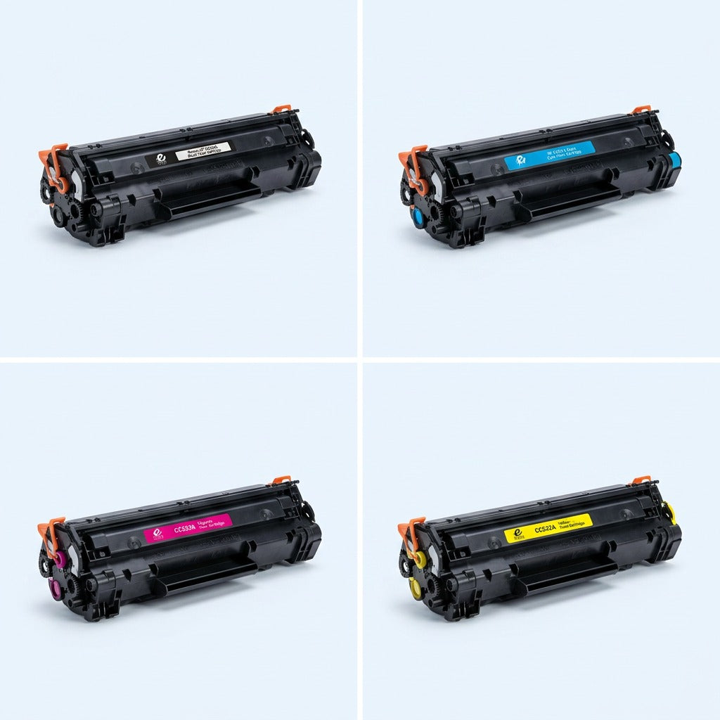 A 2x2 grid showing the Elevate Imaging remanufactured HP 304A toner set in black, cyan, magenta, and yellow.