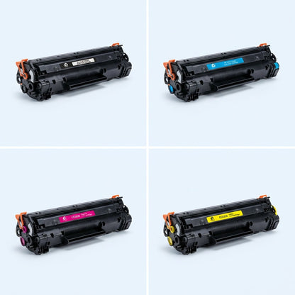 A 2x2 grid showing the Elevate Imaging remanufactured HP 304A toner set in black, cyan, magenta, and yellow.
