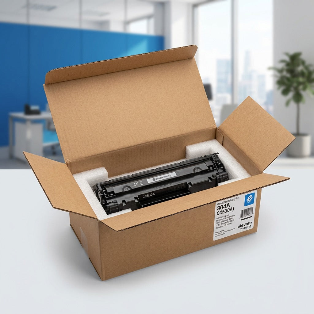 Elevate Imaging HP 304A CC530A black toner cartridge unboxed in secure foam packaging.