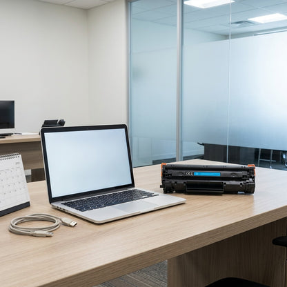 Scale reference of the Cyan HP 53A (CC531A) toner cartridge next to a laptop on an office desk.