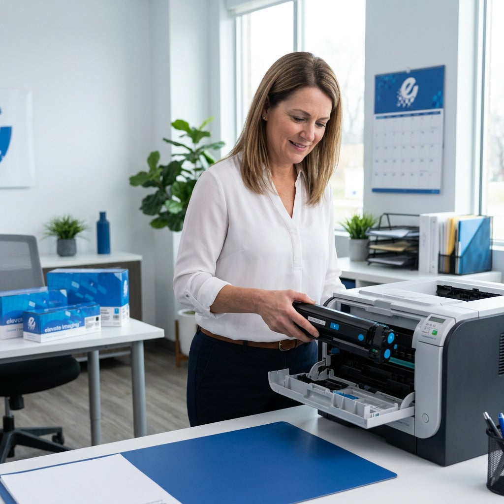 Office manager installing an Elevate Imaging Cyan CC531A toner cartridge into a laser printer.